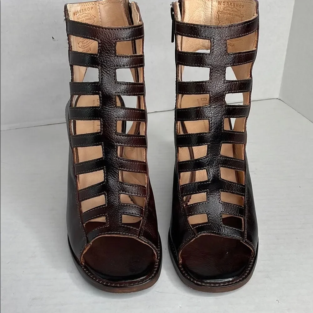 Bed Stu Occam dark brown rustic leather peep toe Gladiator Heels